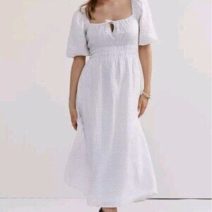 Faithfull the Brand linen White Midi Dress polka dot size 6